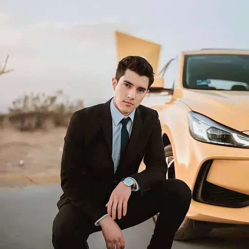 молодой водитель в черном костюме позирует перед желтым автомобилем