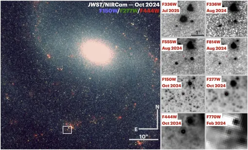 Слева: цветное изображение NGC 1637, построенное из изображений F150W (синий), F277W (зеленый) и F444W (красный), полученных с помощью JWST/NIRCam 8 октября 2024 года, на котором показана часть галактики размером 1,0 × 0,9. Выделена область 2,7 × 2,4 угловых секторов с центром на месте SN 2025pht белой рамкой в нижней части кадра. Справа: серия полутоновых кадров с изображением SN 2025pht, полученным HST/WFC3 F336W 31 июля 2025 г. Слева: цветное изображение NGC 1637, построенное из изображений F150W (синий), F277W (зеленый) и F444W (красный), полученных с помощью JWST/NIRCam 8 октября 2024 года, на котором показана часть галактики размером 1,0 × 0,9. Выделена область 2,7 × 2,4 угловых секторов с центром на месте SN 2025pht белой рамкой в нижней части кадра. Справа: серия полутоновых кадров с изображением SN 2025pht, полученным HST/WFC3 F336W 31 июля 2025 г.