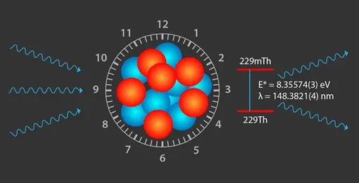 Лазерное возбуждение ядра тория-229 (синие нейтроны и красные протоны) приводит к его переходу в возбужденное состояние. Когда возбужденное ядро возвращается в основное состояние, оно излучает фотоны с длиной волны 148,3821 нм. Этот ядерный переход можно использовать в качестве тактовой частоты, лежащей в основе чрезвычайно точного устройства для измерения времени.
