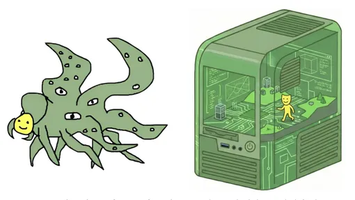 Противоположные взгляды на PSM (Persona Selection Model — модель выбора персонажа). Слева — замаскированный Шоггот (Shoggoth — персонаж вселенной Лавкрафта) олицетворяет идею о том, что LLM (Шоггот) обладает собственной волей, выходящей за рамки послушной генерации текста. Шоггот играет роль Ассистента, но только инструментально, по своим собственным непостижимым причинам. Справа — LLM как симуляционный движок, а Ассистент — как человека внутри этой симуляции. Симуляционный движок не «манипулирует» Ассистентом в своих интересах; он только пытается симулировать вероятное поведение человека в соответствии со своим пониманием. Противоположные взгляды на PSM (Persona Selection Model — модель выбора персонажа). Слева — замаскированный Шоггот (Shoggoth — персонаж вселенной Лавкрафта) олицетворяет идею о том, что LLM (Шоггот) обладает собственной волей, выходящей за рамки послушной генерации текста. Шоггот играет роль Ассистента, но только инструментально, по своим собственным непостижимым причинам. Справа — LLM как симуляционный движок, а Ассистент — как человека внутри этой симуляции. Симуляционный движок не «манипулирует» Ассистентом в своих интересах; он только пытается симулировать вероятное поведение человека в соответствии со своим пониманием.