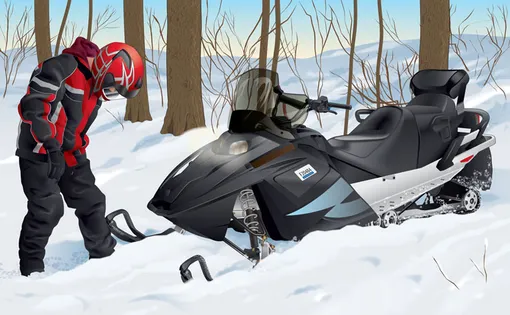 водитель осматривает себя около снегохода