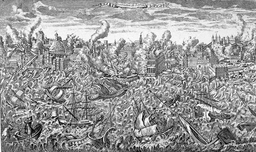 Гравюра на меди 1755 года, изображающая объятый пламенем Лиссабон и цунами, захлестнувшее корабли в гавани. Гравюра на меди 1755 года, изображающая объятый пламенем Лиссабон и цунами, захлестнувшее корабли в гавани.
