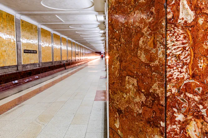 Для начала спустимся (можно мысленно) на станцию «Красносельская». Каждая колонна здесь облицована мраморовидным известняком с огромным количеством каких ископаемых?
