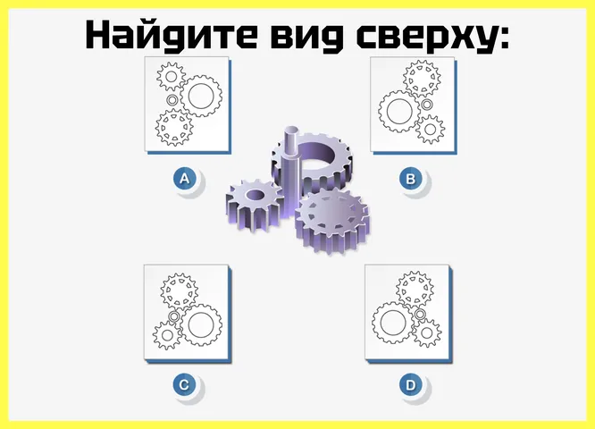 Представьте, что вы смотрите на все эти шестеренки сверху. Под какой буквой указан верный вид?