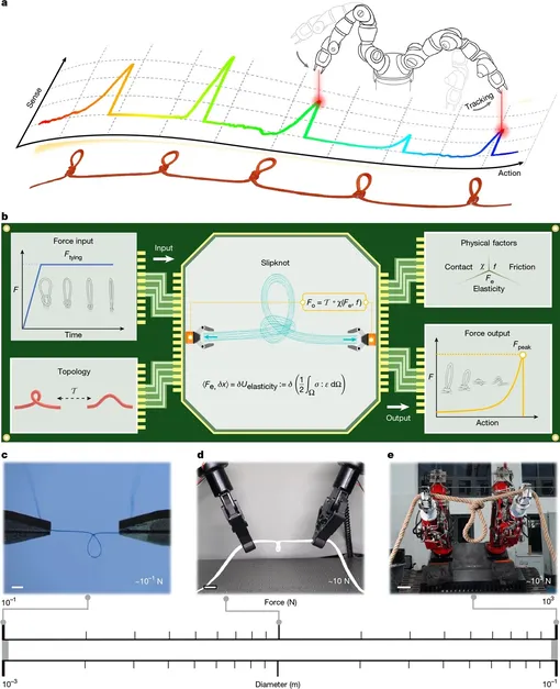 а) Схема серии скользящих узлов на нити, которые передают спектры силовых сигналов для измерения операций роботизированной руки. б) Процесс записи и считывания механической информации в скользящем узле. Механическая информация записывается в скользящий узел путем завязывания его с определенным силовым входом. Механическая модель обрабатывает этот силовой вход, учитывая такие характеристики, как физические факторы и топология. Затем механическая информация выводится в виде пиковой силы Fpeak во время процесса развязывания узла путем натяжения скользящего узла. c–e. Стратегия механической передачи с измерением скользящего узла была проверена в сценариях, включающих микрооперации (c), совместные манипуляции (d) и спасательные операции с тяжелыми грузами (e). Масштабные линейки: 1 мм (c), 2 см (d) или 10 см (e). а) Схема серии скользящих узлов на нити, которые передают спектры силовых сигналов для измерения операций роботизированной руки. б) Процесс записи и считывания механической информации в скользящем узле. Механическая информация записывается в скользящий узел путем завязывания его с определенным силовым входом. Механическая модель обрабатывает этот силовой вход, учитывая такие характеристики, как физические факторы и топология. Затем механическая информация выводится в виде пиковой силы Fpeak во время процесса развязывания узла путем натяжения скользящего узла. c–e. Стратегия механической передачи с измерением скользящего узла была проверена в сценариях, включающих микрооперации (c), совместные манипуляции (d) и спасательные операции с тяжелыми грузами (e). Масштабные линейки: 1 мм (c), 2 см (d) или 10 см (e).