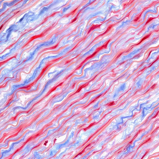 Аневризма аорты. Так выглядит аневризма аорты – патологическое расширение стенки одной из крупнейших артерий организма. Это состояние опасно развитием разрыва сосуда, массивного кровотечения и образования тромбов. На фото показан фрагмент стенки аорты при специальном гистохимическом окрашивании. Синим цветом отмечено избыточное накопление коллагена, оранжевым – повреждение и дезорганизация эластических волокон, красным – структурная перестройка гладкомышечных клеток стенки сосуда. Изображение получено с помощью цифрового гистосканера Aperio AT2» Аневризма аорты