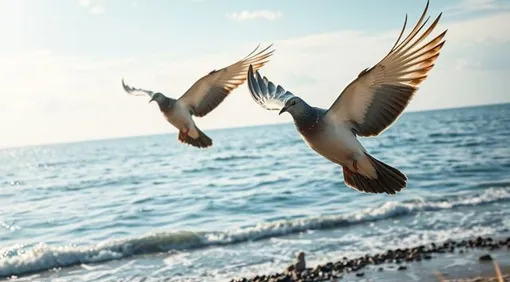 Голуби летят на фоне моря