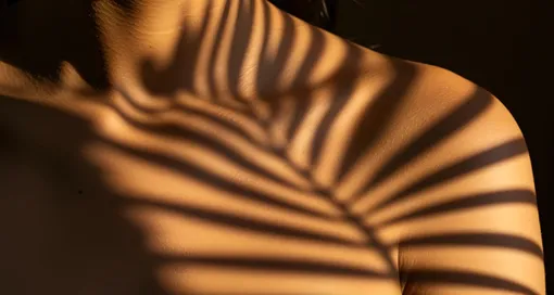 девушка, тень от пальмы на коже, солнце