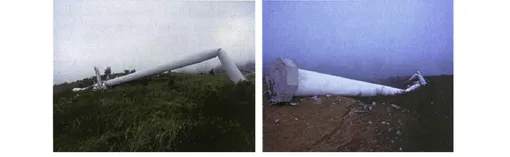 Тайфун Саоми разрушил 25 ветряных турбин в 2006 году. разрушение ветрогенераторов во время тайфуна Саоми в 2006 г.