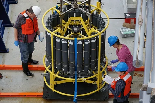 Исследователи собирают пробы с помощью аппарата CTD на разных глубинах. Исследователи собирают пробы с помощью аппарата CTD на разных глубинах.