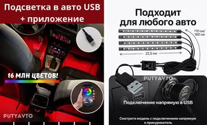 Подсветка в машину под ноги светодиодная салона RGB