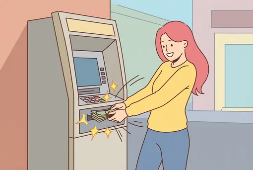 сотрудница снимает деньги в банкомате, чтобы передать мошенникам