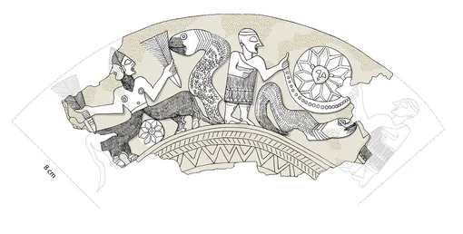 Реконструкция сцен, изображенных на серебряном кубке, найденном в Айн-Самии. Изображение представляет космический порядок, возникающий из хаоса, с фигурами, похожими на змей и божеств. F Реконструкция сцен, изображенных на серебряном кубке, найденном в Айн-Самии. Изображение представляет космический порядок, возникающий из хаоса, с фигурами, похожими на змей и божеств. F