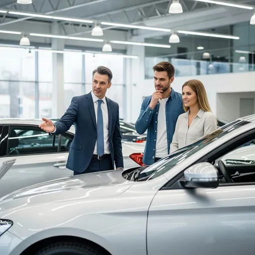 покупатели говорят с продавцом автомобилей