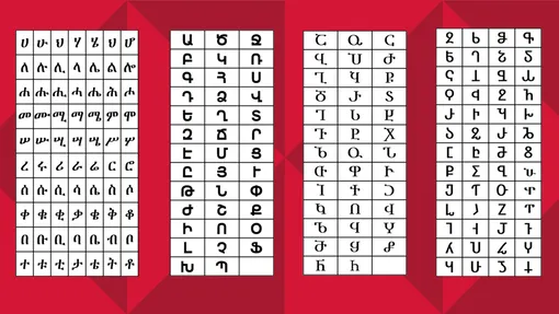 Слева направо: символы эфиопского, армянского, грузинского и кавказско-албанского алфавитов